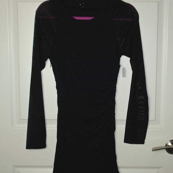 NWT NBD Sloane Black Ruched Mesh Sleeve Long Sleeve Mini Dress Size Medium - Picture 2 of 8